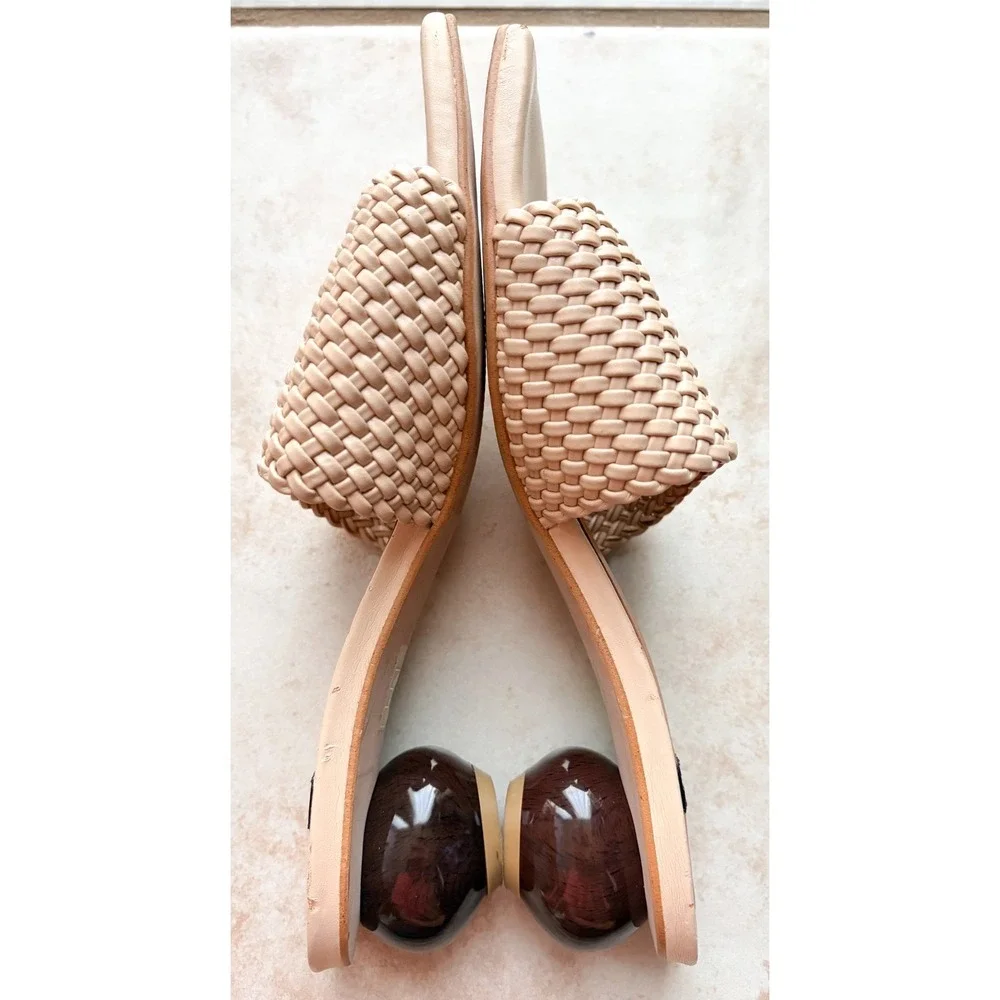 Angel Alarcon Woven Leather Ball Heel Mules Nude Beige Square Toe Spain 36